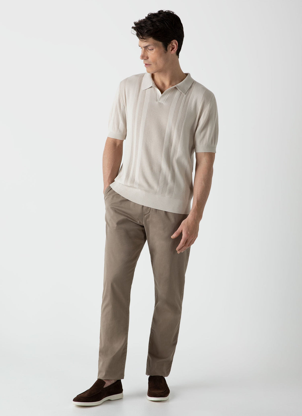 Mens Stripe Knit Polo Shirt In Beige Mpol8205 Whbe