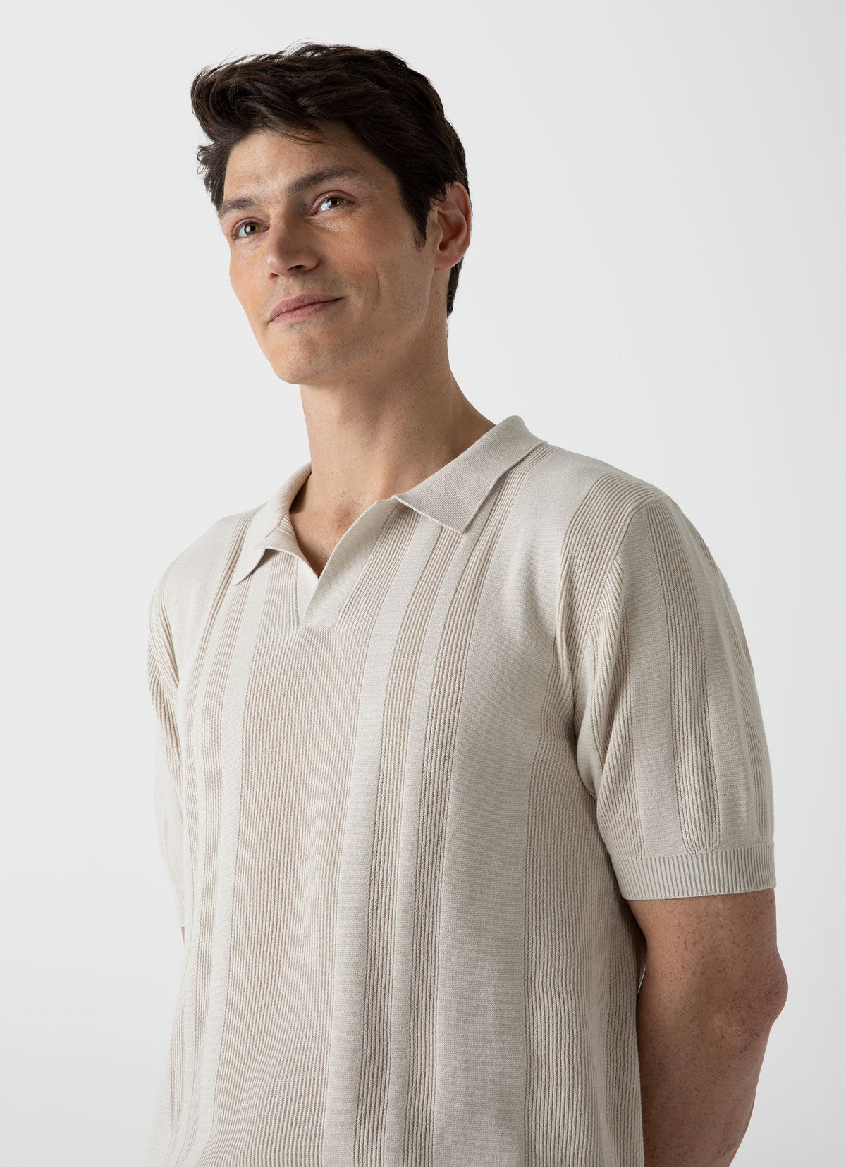 Mens Stripe Knit Polo Shirt In Beige Mpol8205 Whbe