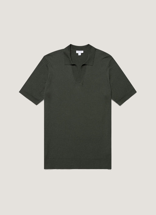 Mens Fine Rib Silk Cotton Polo Shirt In Dusk Green Mpol8241 Gnij