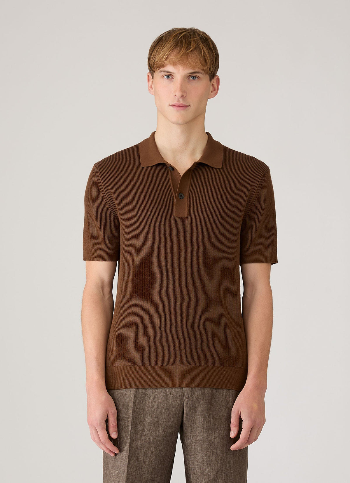 Mens Two Colour Rib Polo Shirt In Bronze Mpol8317 Brgu