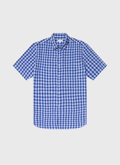 Mens Linen Short Sleeve Shirt In Blue Gingham Msht2039 Buam