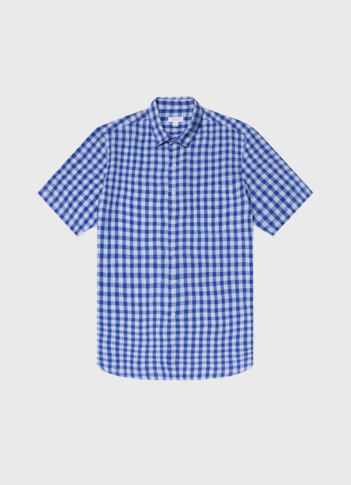 Mens Linen Short Sleeve Shirt In Blue Gingham Msht2039 Buam