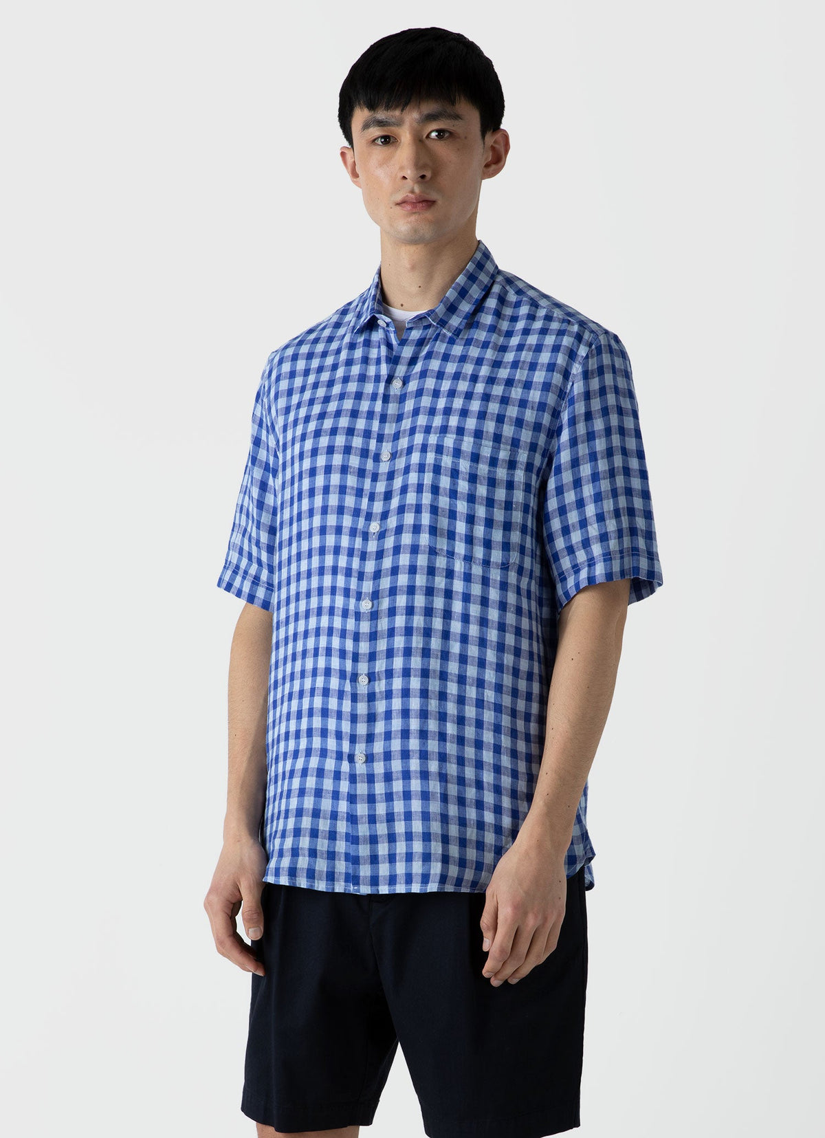 Mens Linen Short Sleeve Shirt In Blue Gingham Msht2039 Buam