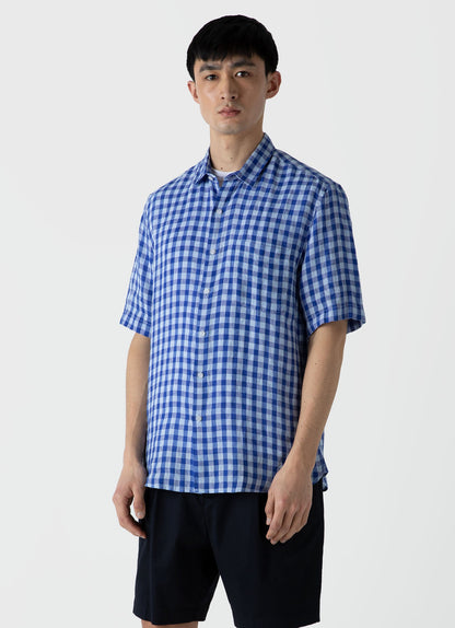 Mens Linen Short Sleeve Shirt In Blue Gingham Msht2039 Buam