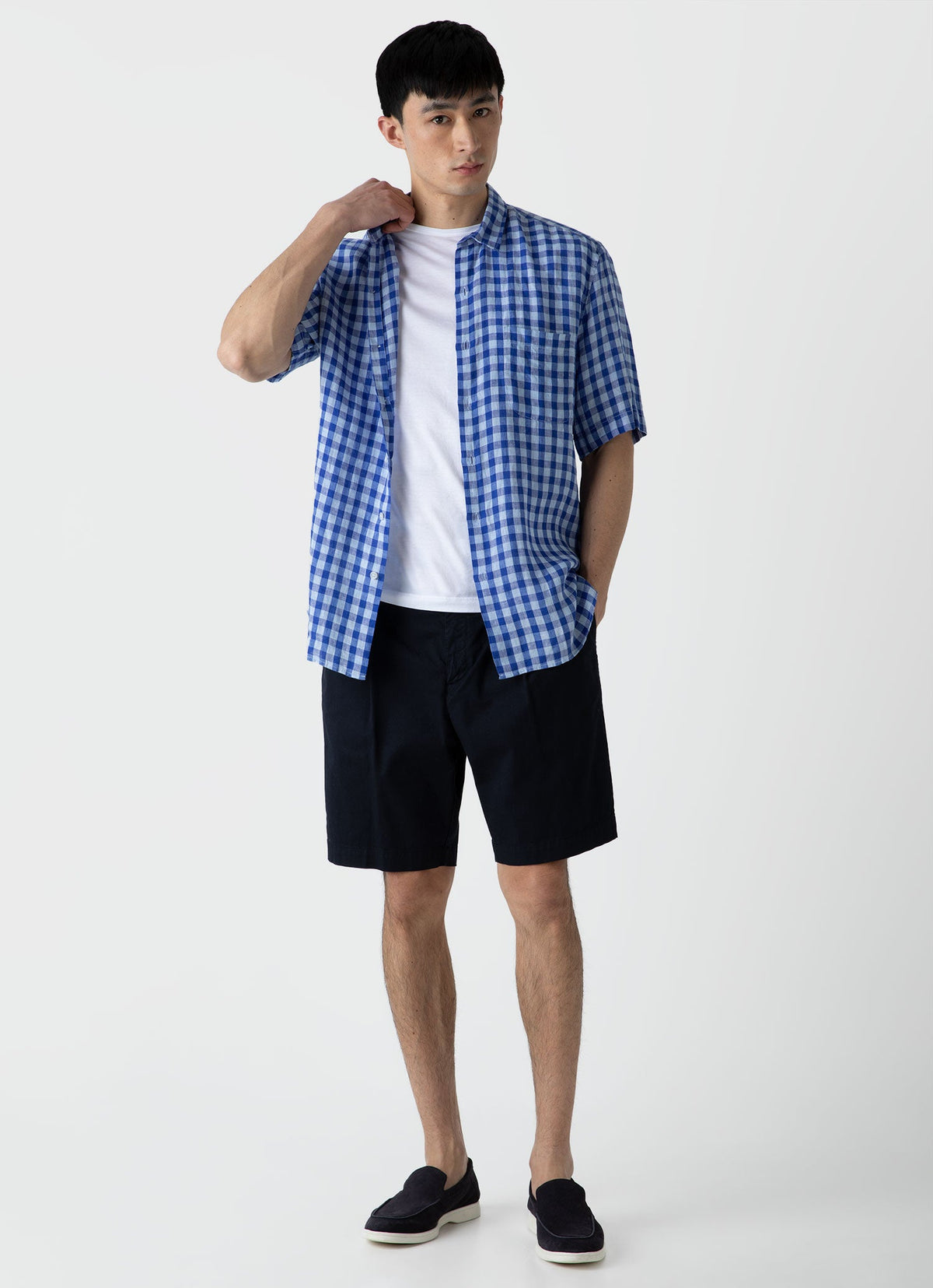 Mens Linen Short Sleeve Shirt In Blue Gingham Msht2039 Buam