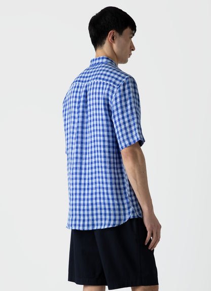 Mens Linen Short Sleeve Shirt In Blue Gingham Msht2039 Buam