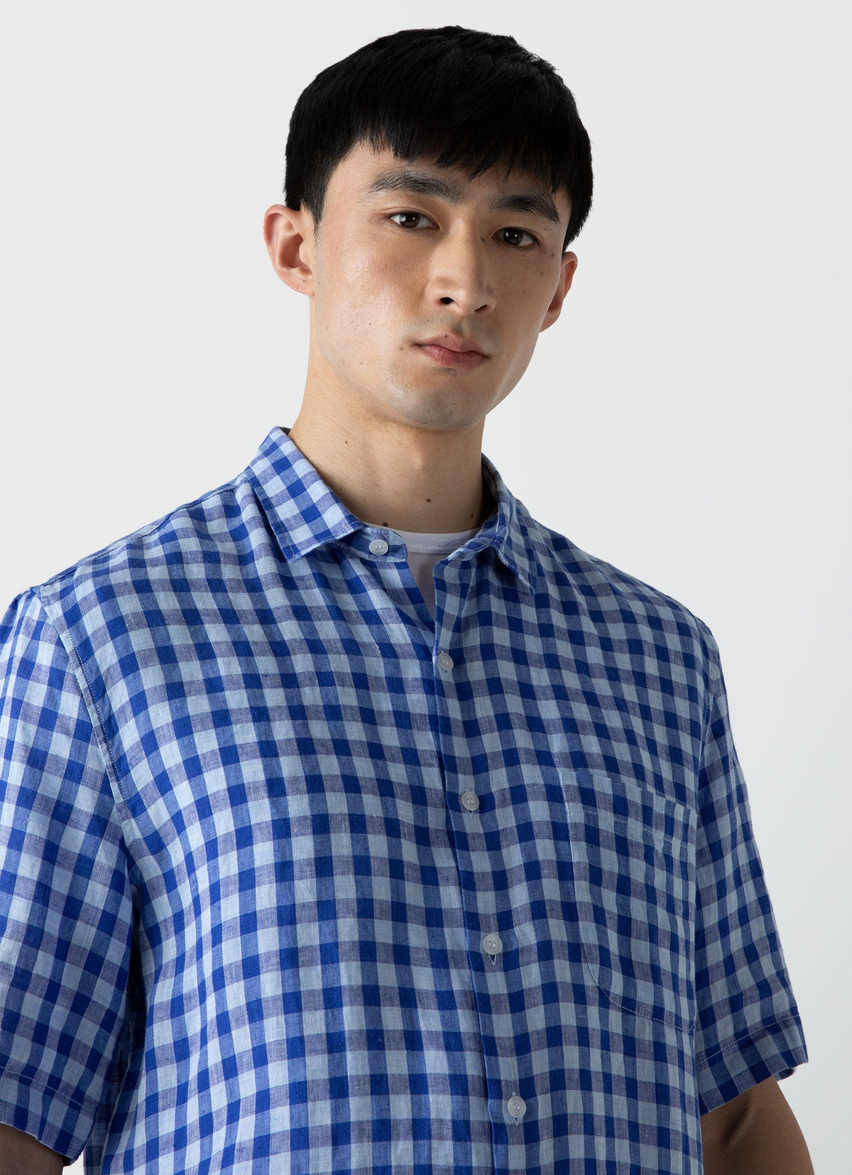 Mens Linen Short Sleeve Shirt In Blue Gingham Msht2039 Buam