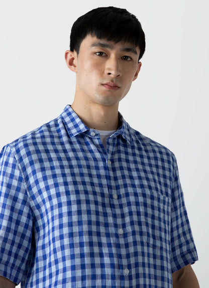 Mens Linen Short Sleeve Shirt In Blue Gingham Msht2039 Buam