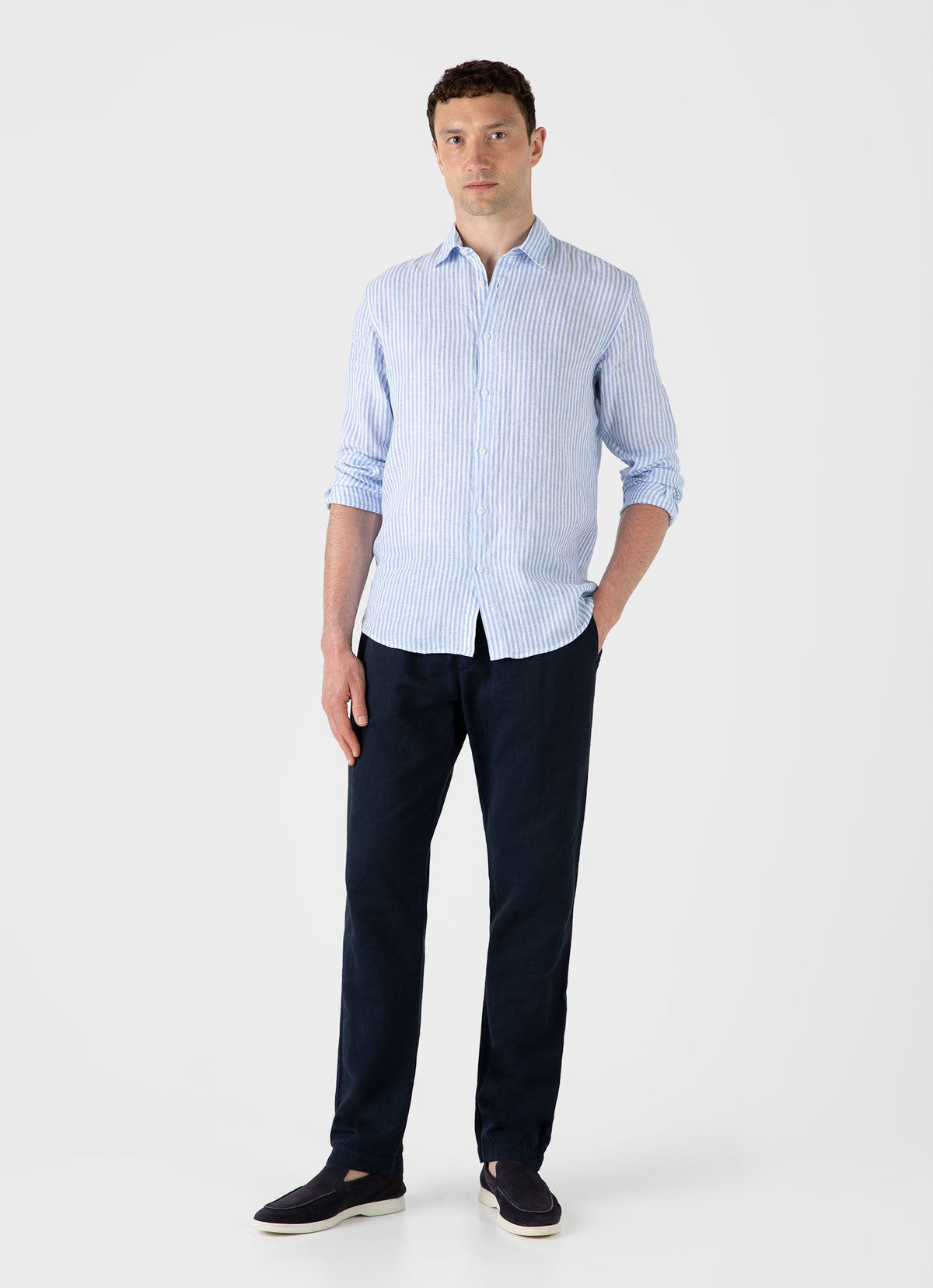 Mens Linen Shirt In Mid Blue White Msht2061 Stmr