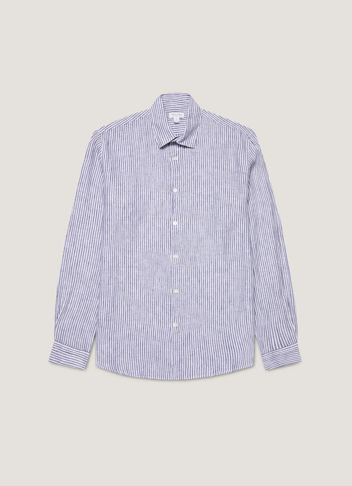 Men S Linen Long Sleeve Shirt In Navy White Linen Stripe Msht2061 Stib