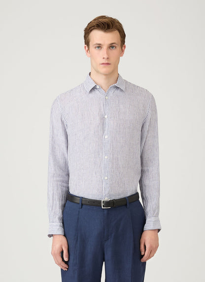 Men S Linen Long Sleeve Shirt In Navy White Linen Stripe Msht2061 Stib