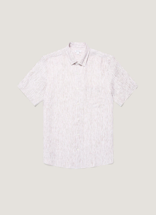 Mens Short Sleeve Linen Shirt In White Dark Chocolate Msht2119 Stok