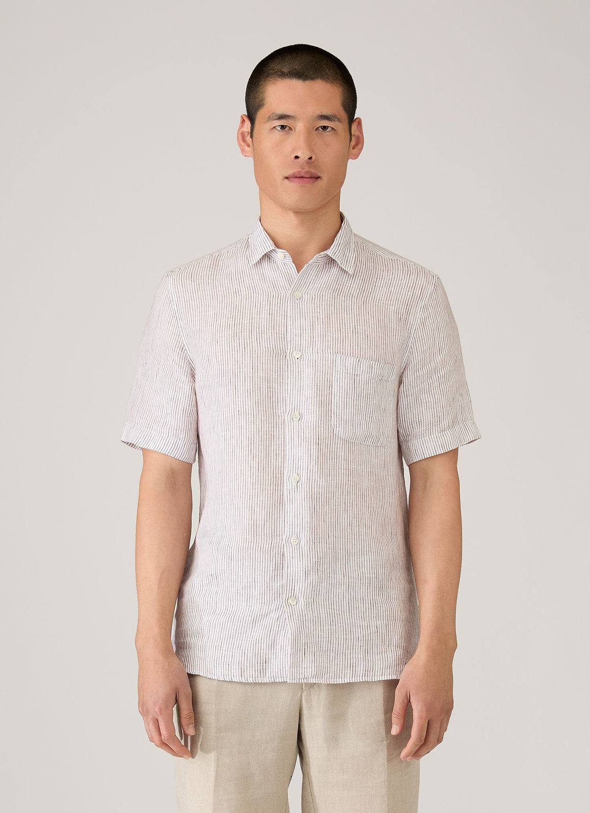 Mens Short Sleeve Linen Shirt In White Dark Chocolate Msht2119 Stok