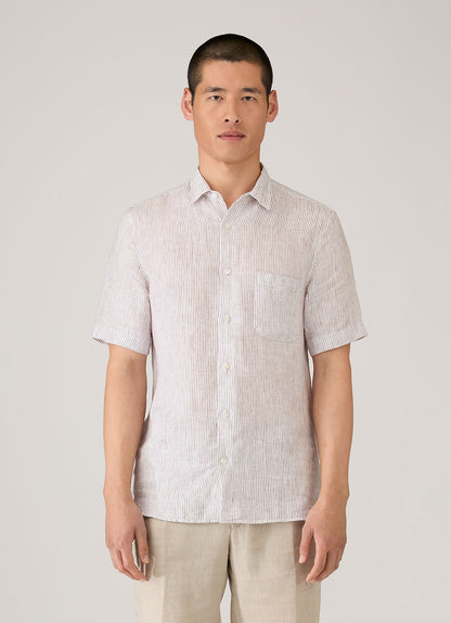 Mens Short Sleeve Linen Shirt In White Dark Chocolate Msht2119 Stok