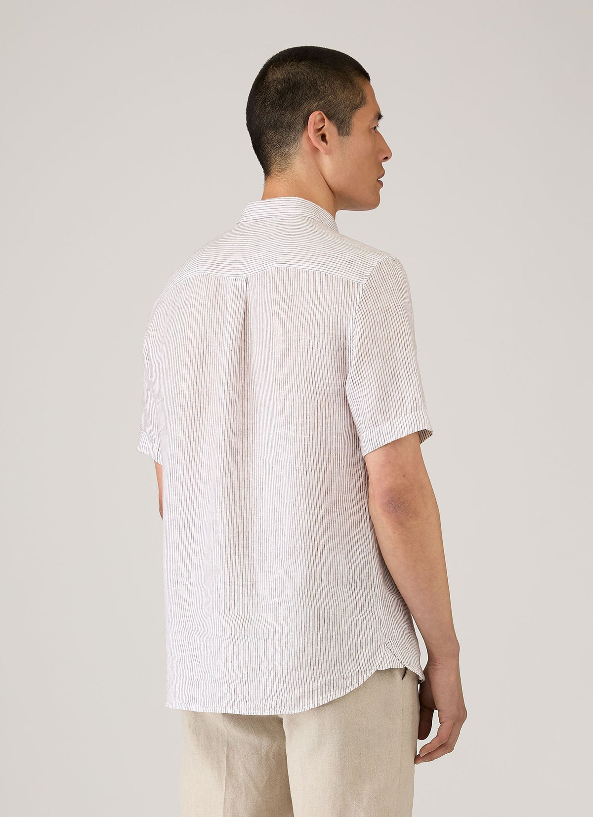 Mens Short Sleeve Linen Shirt In White Dark Chocolate Msht2119 Stok