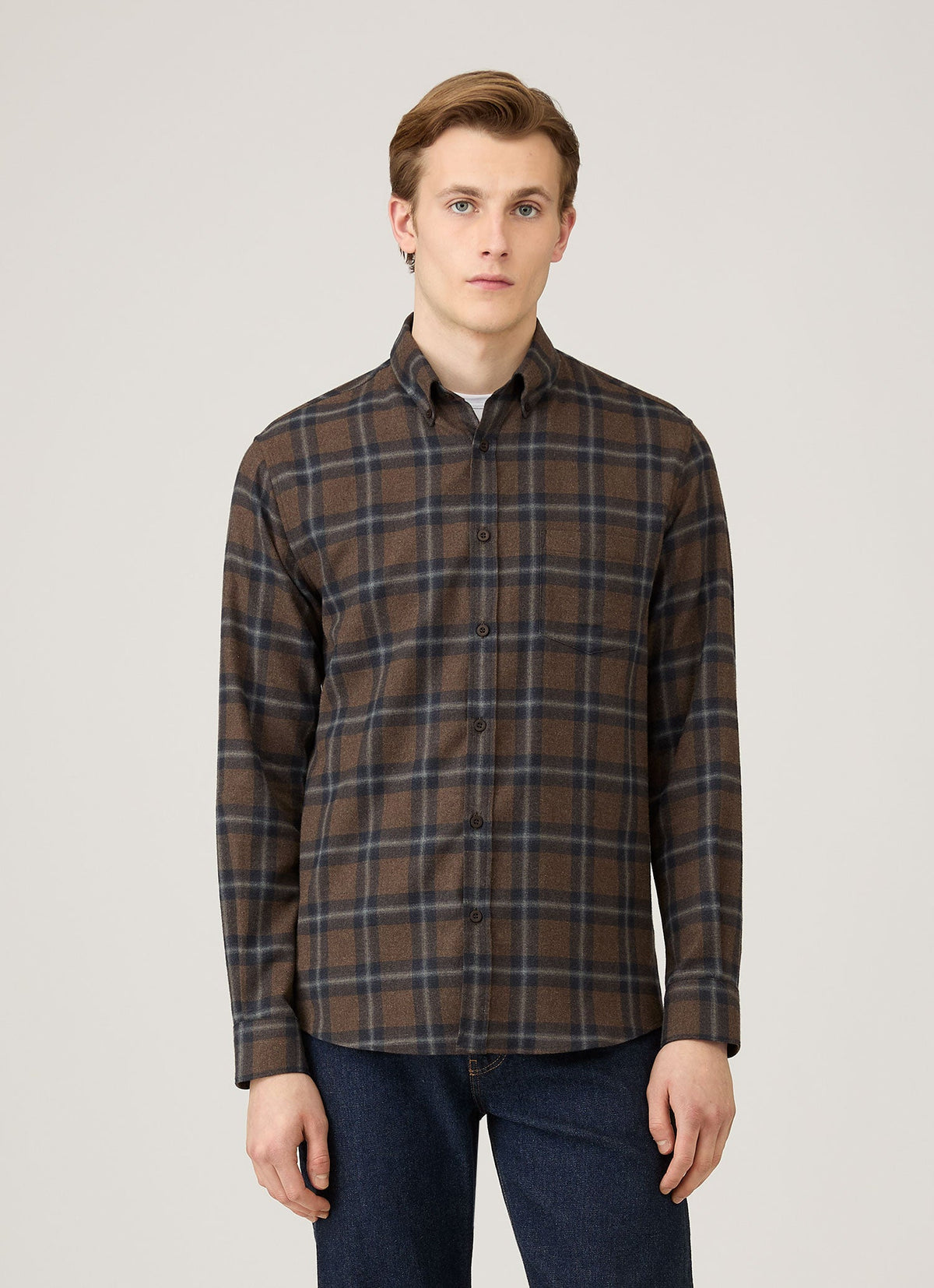 Mens Button Down Flannel Shirt In Bark Check Msht2131C Brgg