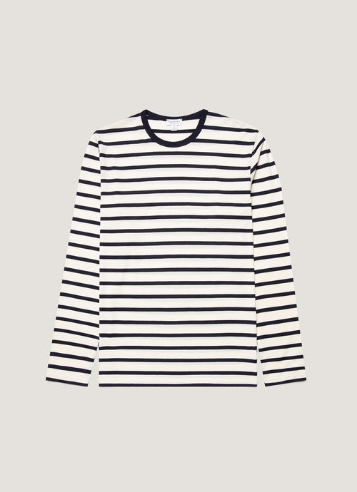 Mens Long Sleeve Classic Tshirt In Ecru Navy Breton Stripe Mtsh0003Brs Stea