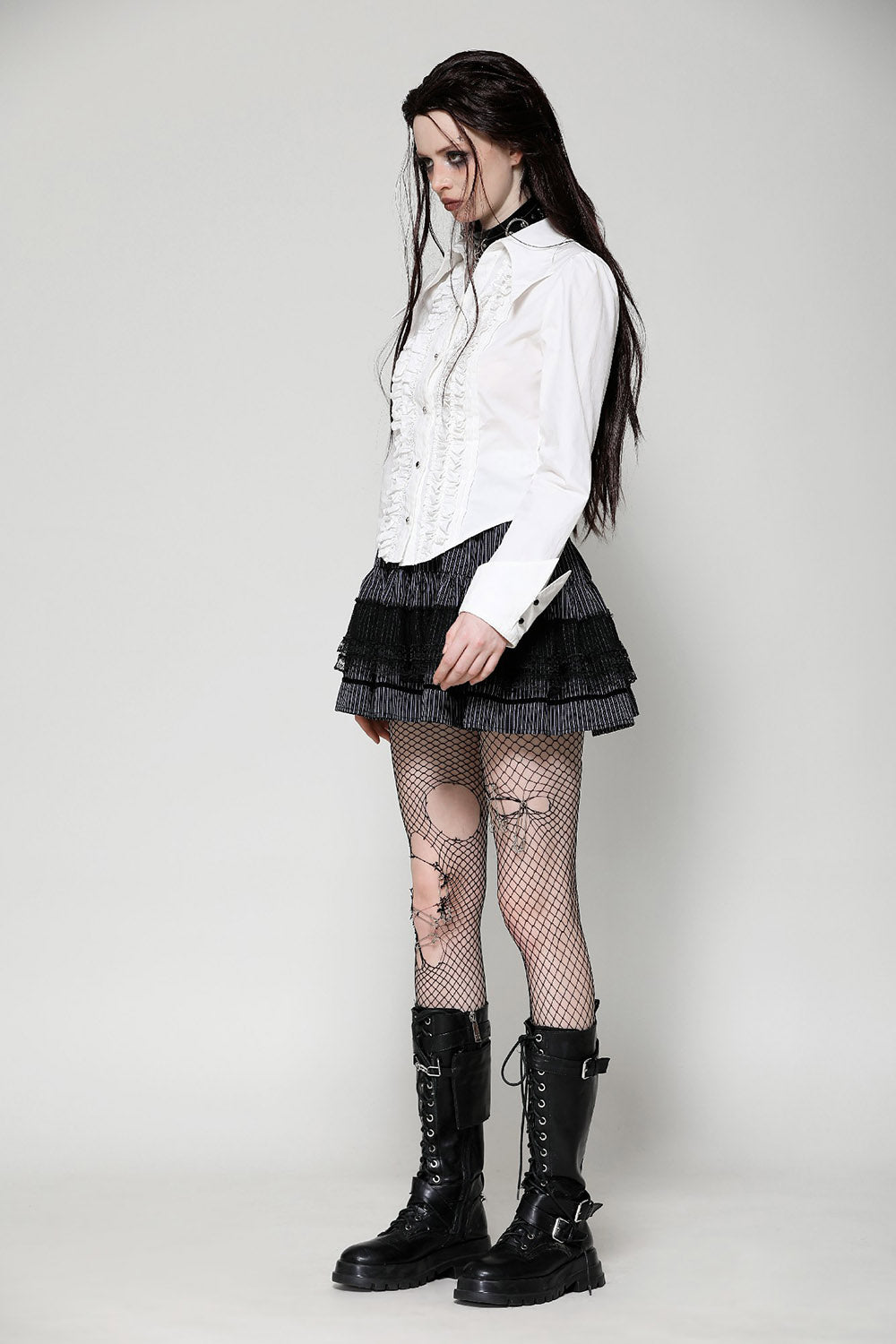 Candelabra Ruffle Button Up Shirt [Ghost White]