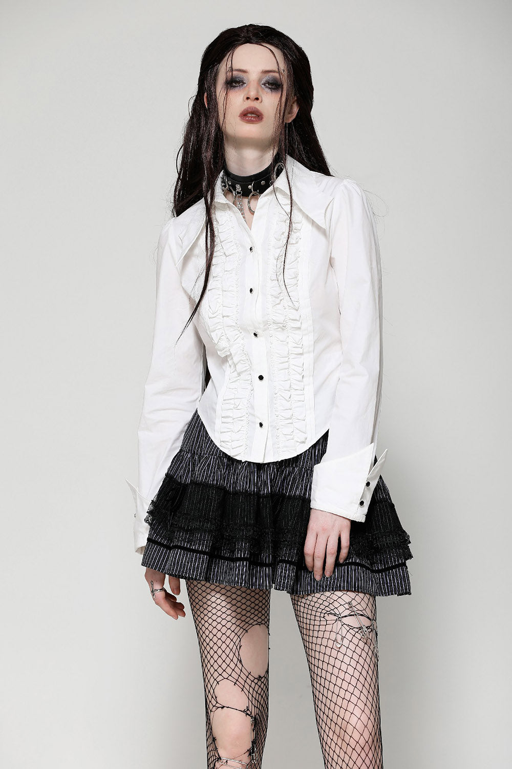 Candelabra Ruffle Button Up Shirt [Ghost White]