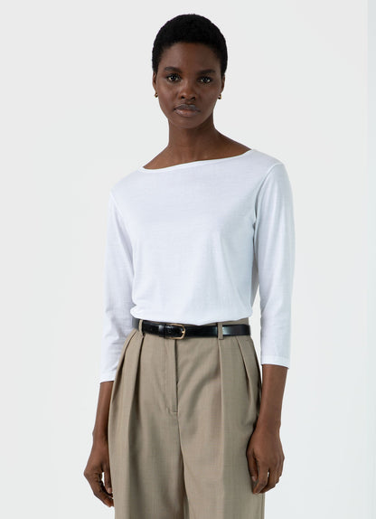 Womens Long Staple Cotton Long Sleeve Boat Neck T Shirt In White Wtsh0003